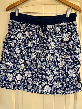 Navy Blue Floral Elastic Waist Skort